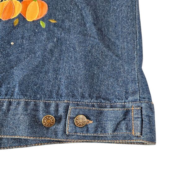 Quacker Factory Blue Denim Jacket Size M Fall Pumpkins Scarecrow Sunflowers - Picture 4 of 12